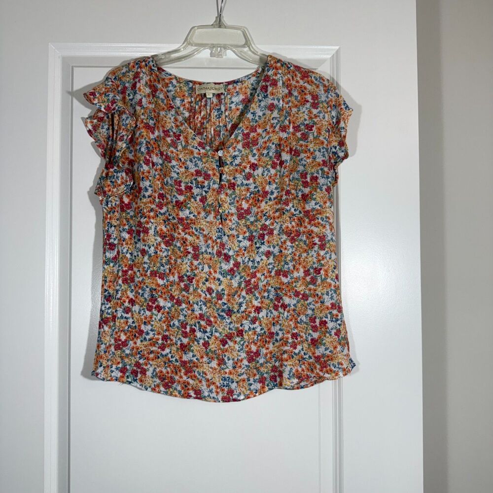 Cynthia Rowley Ditsy Floral Ruffle Sleeve Blouse Sz L